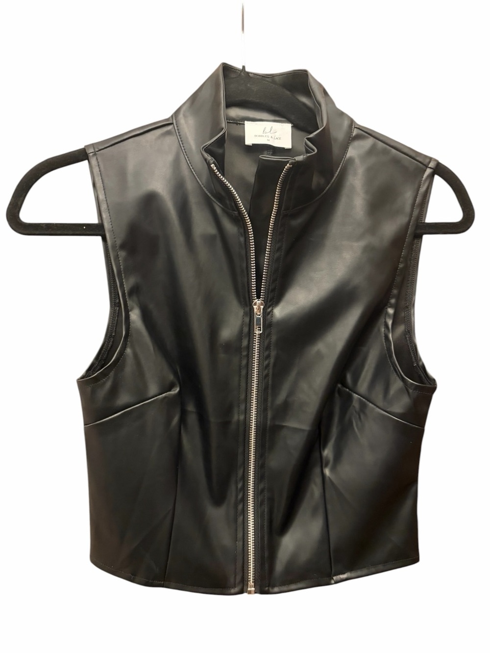 Black Faux Leather Zip Front Moto Vest Minimalist Top